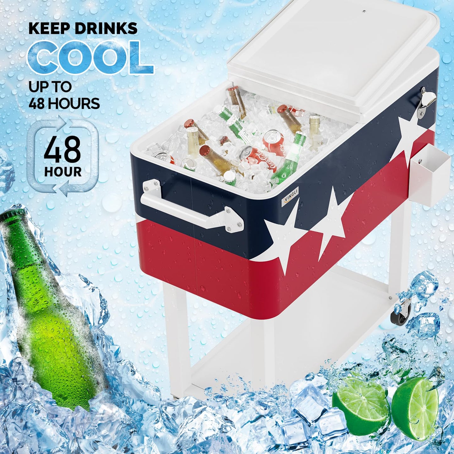 VINGLI 80 Quart Rolling Ice Chest, Portable Patio Party Bar Drink Cooler Cart, with Shelf, Beverage Pool with Bottle Opener (Red， White & Blue)