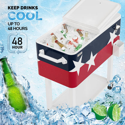VINGLI 80 Quart Rolling Ice Chest, Portable Patio Party Bar Drink Cooler Cart, with Shelf, Beverage Pool with Bottle Opener (Red， White & Blue)