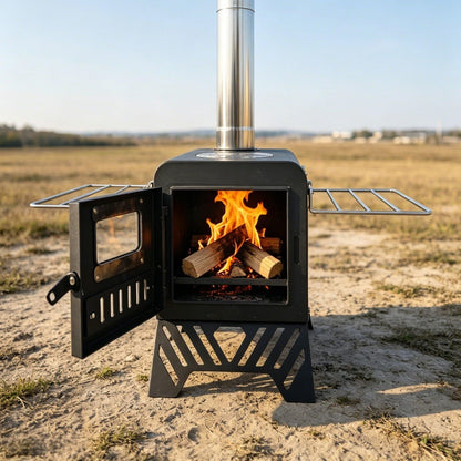 steladomus 4.66ft Mini Wood Burning Stove Kit with Fire Mat, Hook, Window and Chimney, Portable Camping Stove Compact into Car Trunk and Carriable with Side Racks for RV Trip and Outdoor Gatherings