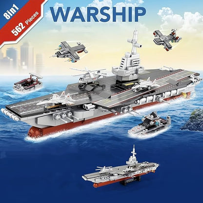 8 in 1 WW2 Aircraft Carrier Building Set Military Cruiser Ocean Battleship Toy with Helicopter &amp Boat (25 Warship Models) 562 Pieces Naval Gifts for Adults Man Teens 14+