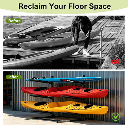 FitiRoker 3-Tier Freestanding Kayak Storage Rack, Steel Storage Stand with Adjustable Padded Arms for Kayaks, Canoes, Surfboards and Paddleboards, Indoor Outdoor Garage Organizer