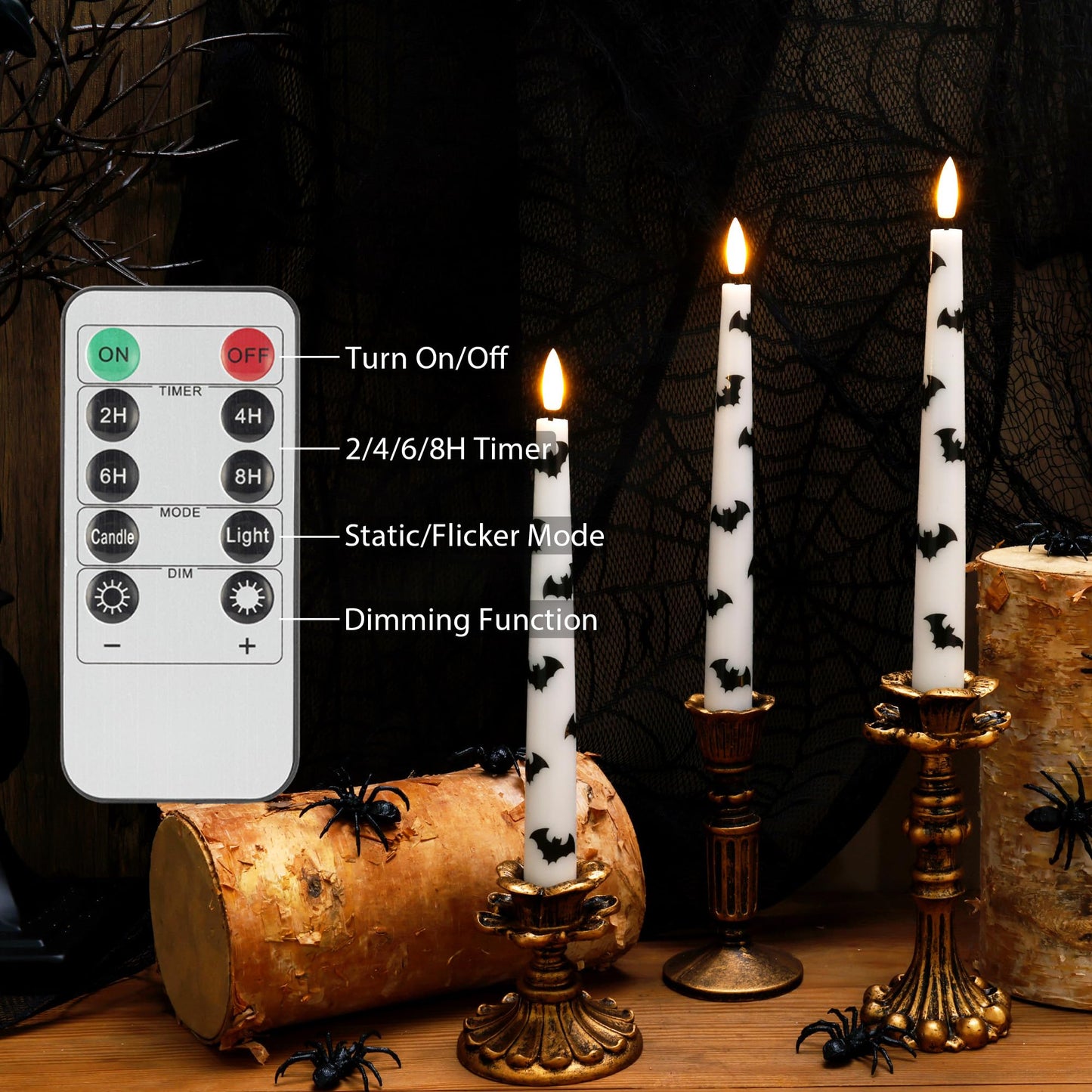 AFINETH Halloween Taper Candles with Bats, 9.6”Real Wax Flameless Taper Candles with Remote & Timer, 3 Pack Battery Operated Halloween Led Candlesticks for Party Home Decor
