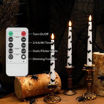 AFINETH Halloween Taper Candles with Bats, 9.6”Real Wax Flameless Taper Candles with Remote & Timer, 3 Pack Battery Operated Halloween Led Candlesticks for Party Home Decor