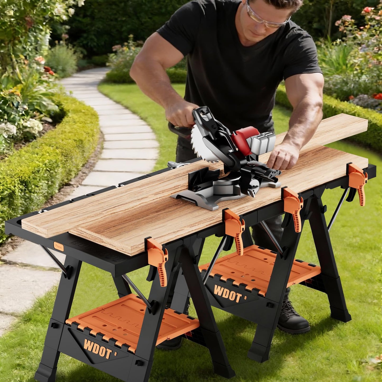 WDOT 2-in-1 Folding Work Bench & Sawhorse, Easy Setup Portable Work Table, 31" W x 25" D x 32" H, Laser-Engraved Scale,Lightweight Worktable with Large Load Capacity, 2 Clamps & 6 Bench Dogs
