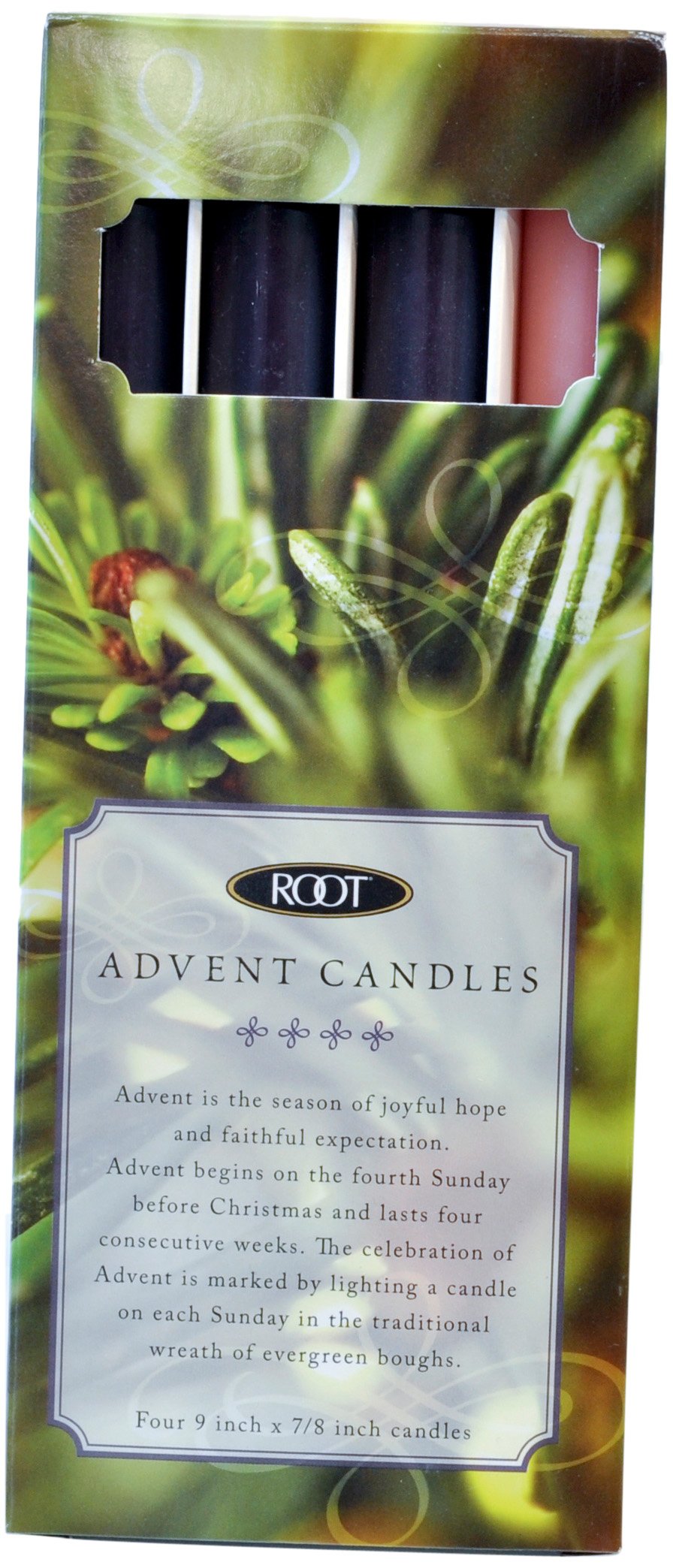 Root Candles Unscented Dripless Beeswax Enhanced Advent Boxed Candle Set, 4-Count, Purple/Pink