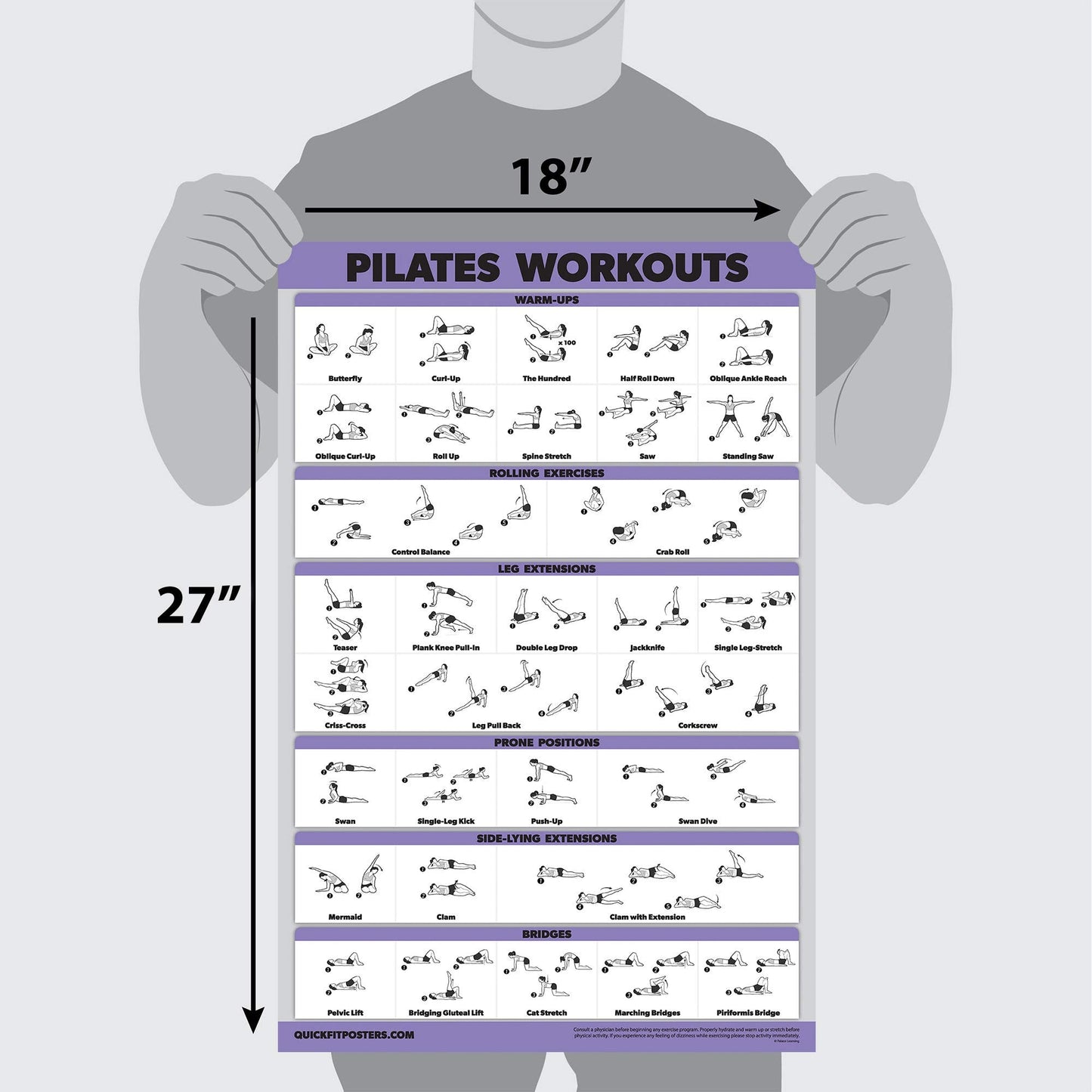 QuickFit Pilates Workout Poster - Pilates Mat Work Exercises (Laminated, 18" x 27")