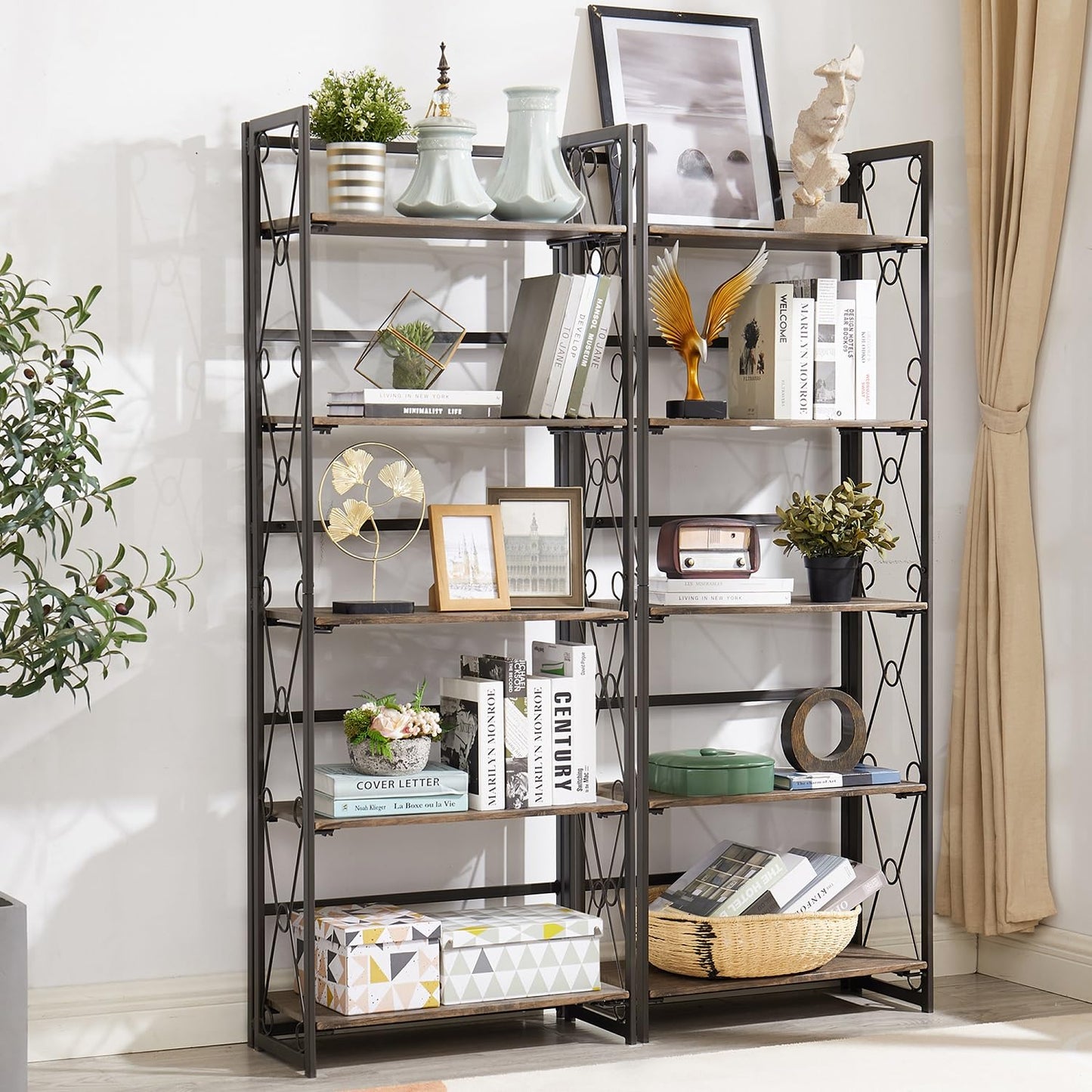 VECELO Folding Bookshelf, 5 Shelf Folding Bookcase No Assembly, Industrial Metal Freestanding Shelves Rack Organizer for Living Room, Office, Bedroom, Kitchen