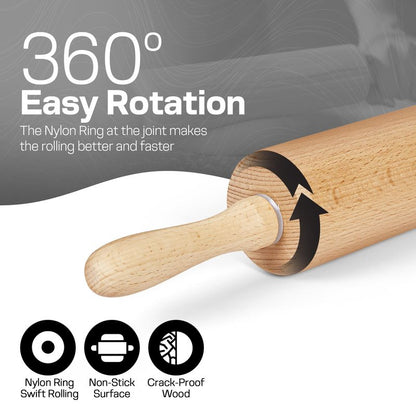 Wooden Rolling Pin 17.6 Inch with Rotating Ergonomic Handles – Classic Beech Wood Dough Roller for Baking Pizza, Pastry, Bread, and Cookies