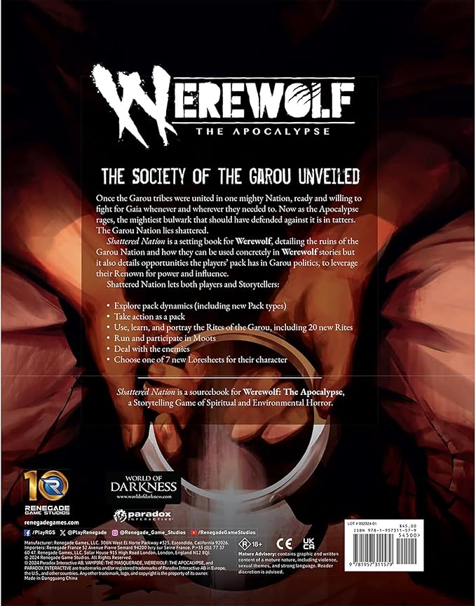 Renegade Game Studios Werewolf: The Apocalypse 5th Edition Shattered Nation Sourcebook Hardcover RPG Book