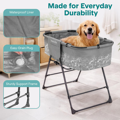 SereneLife Foldable Dog Bath Tub with Adjustable Height, 360° Access, Drain Hose & Storage Pockets – 130 lb Capacity Grooming Station for Indoor/Outdoor Use (Gray)