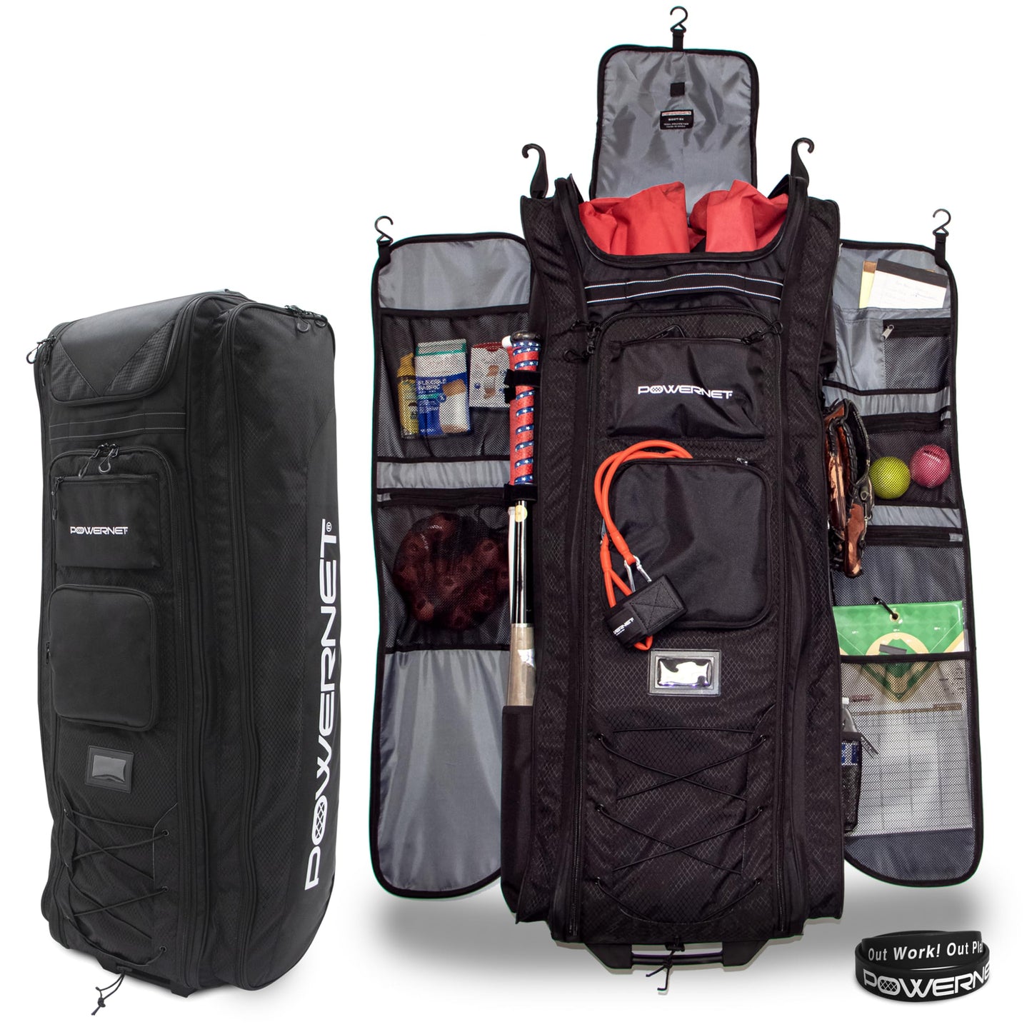 PowerNet All Gear Transporter Baseball Travel Bag, Rolling Duffle with Wheels & Handle for Baseball Accessories, Catchers Gear & Bats, Main Pocket Fits Four 7x7 Nets