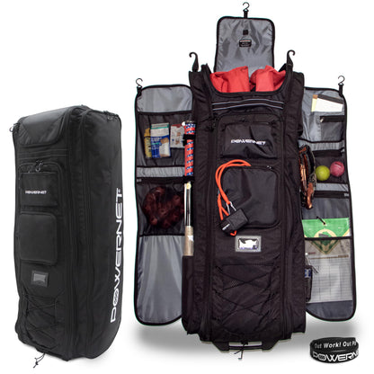 PowerNet All Gear Transporter Baseball Travel Bag, Rolling Duffle with Wheels & Handle for Baseball Accessories, Catchers Gear & Bats, Main Pocket Fits Four 7x7 Nets
