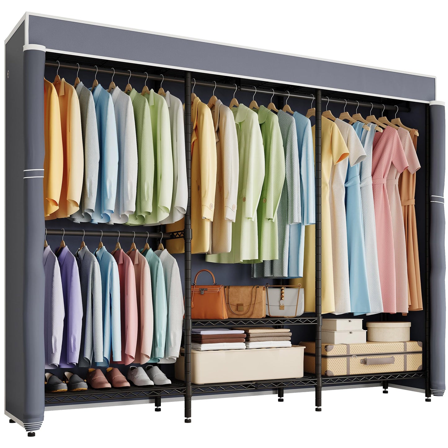 Higeego H8 Heavy Duty Clothes Rack with Cover, Covered Garment Rack with Shelves, Wardrobe Closet with Cover, Portable Closet Organizer Storage, Black Clothing Rack with Grey Cover