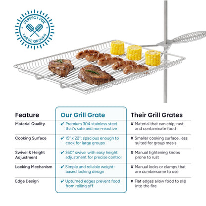 Easy Swivel Fire Pit Grill Grate – 304 Stainless Steel – 15" x 22" Cooking Surface with 36" Stake for Campfire Cooking