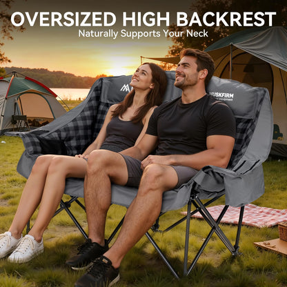 Huskfirm Padded Double Camping Chair High Back 2 Person Camping Chair Oversized Camping Loveseat Support 800LBS Heavy Duty Camping Couch with Cup Holders, Cooler, Carry Bag, Grey