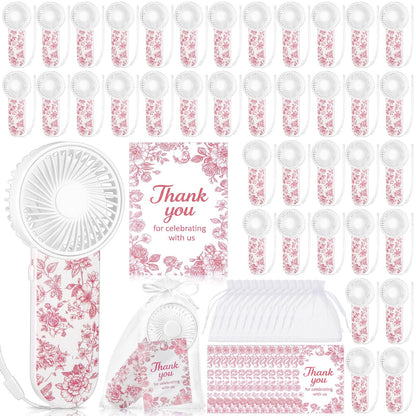 60 Set Portable Wedding Fans Bulk for Guests Mini Handheld Chinoiserie Floral Fan with Lanyard and Thank You Gifts Cards Battery Powered Fans Gift for Wedding Favors, Battery Not Include(Pink)