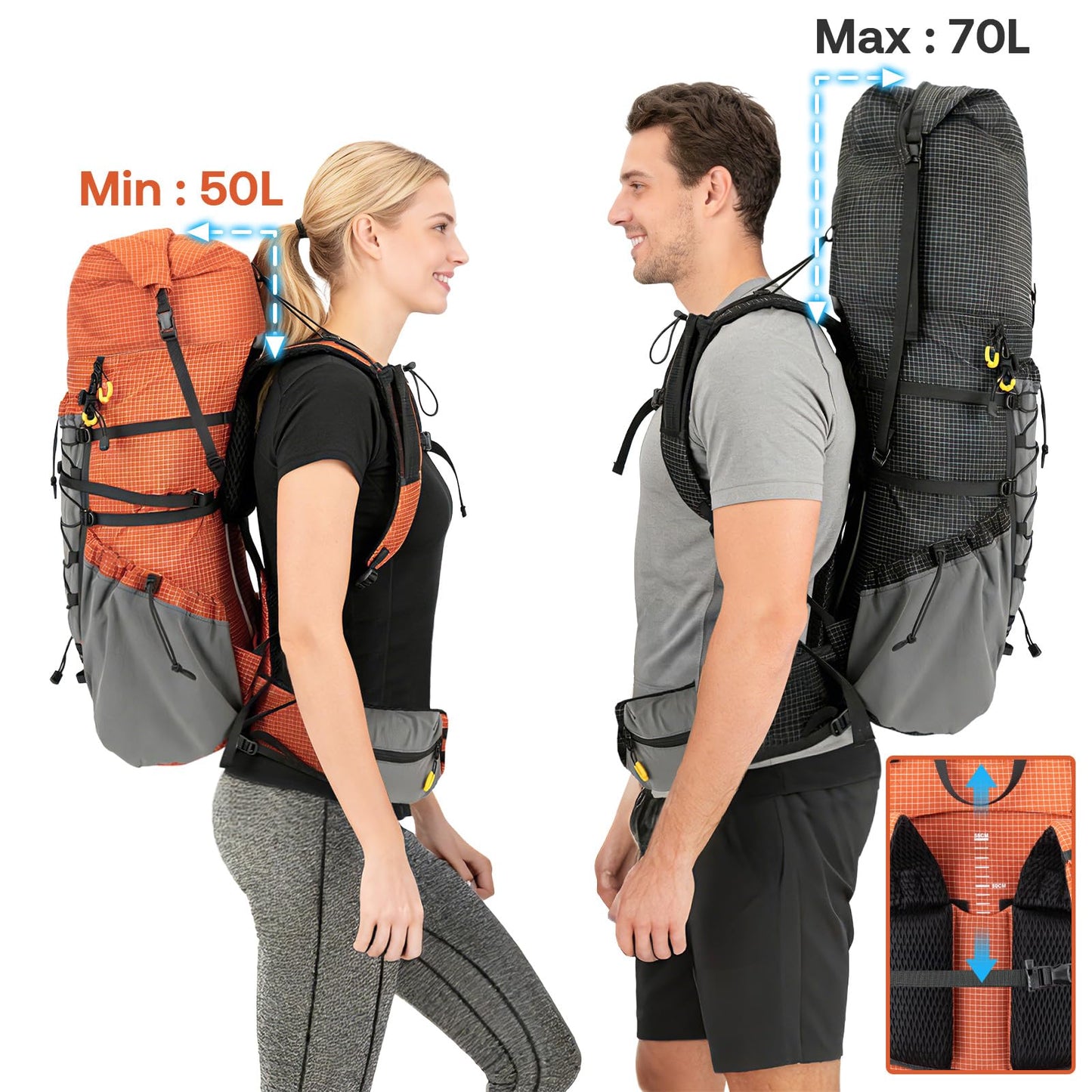 Night Cat Internal-frame Hiking Backpcack: 50L / 60L / 70L Roll Top Lightweight Travel Backpack with Rain Cover for Men Women Hiking Camping Backpacking Black