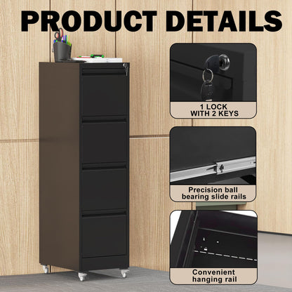 FOSTOKO File Cabinet with Lock, 4 Drawers Filing Cabient with Wheel, Steel Vertical Filing Storage Cabinet for Home Office, Heavy-Duty File Cabinets for Letters/Legal/A4 (Require Assembly, Black)