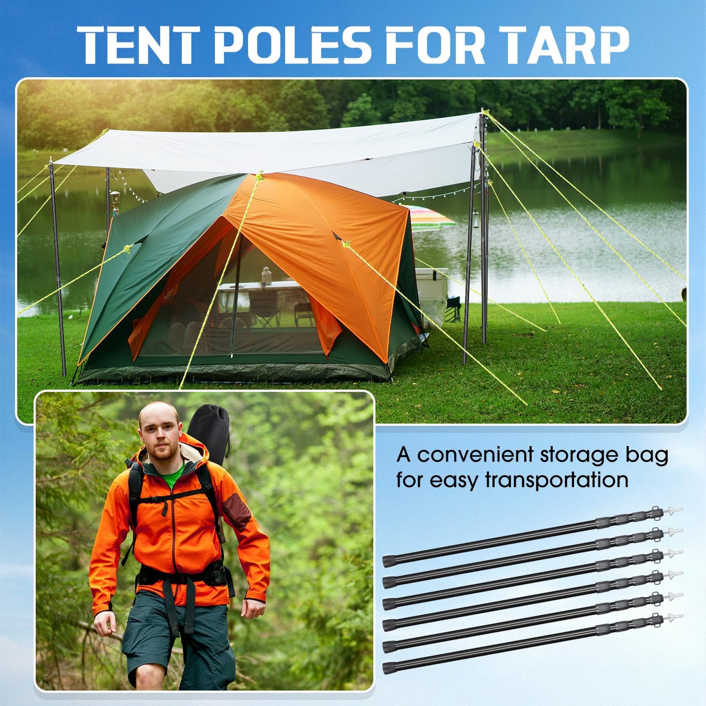 MorningRo 6 Pcs Adjustable Tarp Poles 8.2ft Telescoping Heavy Duty Aluminum Tent Poles Replacement Lightweight Portable Canopy for Tarp Outdoor Camping Hiking Backpacking Awning