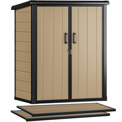 DWVO Outdoor Storage Shed 54 cuft with 2 Shelves, 4.2x2.6x5ft Vertical Tool Shed with Floor & Lockable Doors, Sturdy Double-Wall Plastic Cabinet for Garbage Cans and Garden Storage, Brown