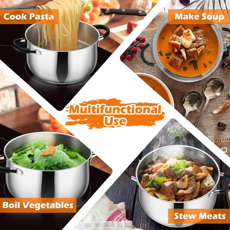 P&P CHEF Stainless Steel Stock Pot, 4 Qt Cooking Soup Pot with Visible Lid for Pasta, Tri-Ply Bottom & Dual Heatproof Handles, For Induction Gas All Stoves, Non-Toxic & Dishwasher Safe