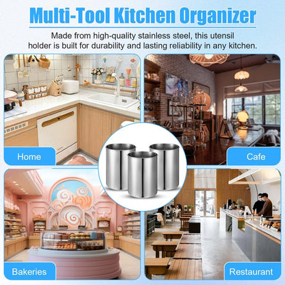 HOFURME 3 Pcs Cooking Utensil Holder for Kitchen Counter, 5.6 x 7.5 inch Metal Utensil Crock Stainless Steel Utensils Holder Container Canister Spatula Spoon Caddy Organizer (Silver)