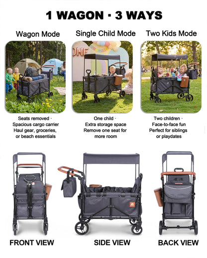BudGlowey 2-in-1 Wagon Stroller for 2 Kids – Adjustable Push & Pull Handle All‑Terrain Wagon with Canopy, 5‑Point Harnesses, sanck Tray 2-in-1 Storage Bag, Lightweight, Compact – Grey