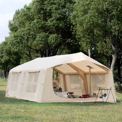 WaldZimmer 17sq Beige Inflatable Camping Tent with Hand Pump Easy Setup Waterproof Windproof Outdoor Blow up Tent 8-12 Person Oxford 4 Season Glamping Air Tents Cabin House with Mesh Windows & Door