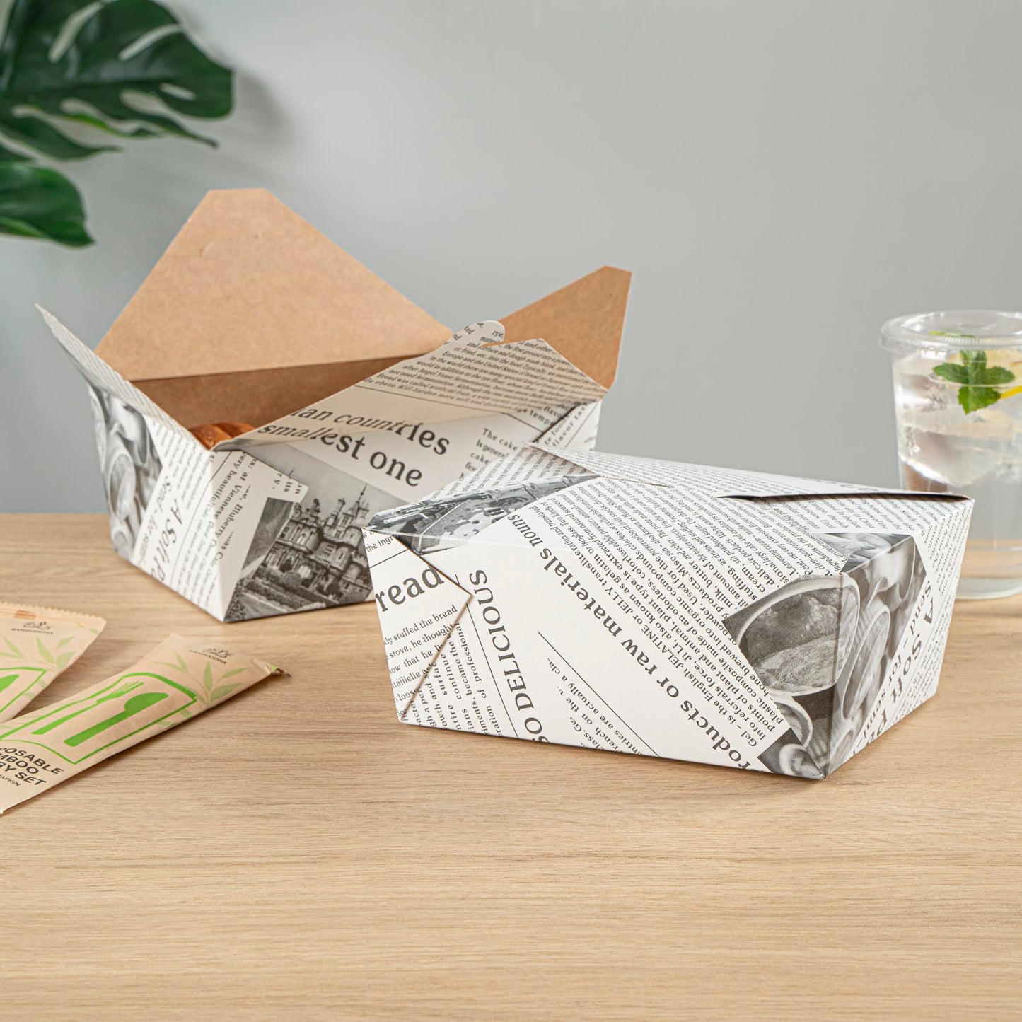 Restaurantware Bio Tek 98 Ounce Take Out Boxes 200 To Go Lunch Boxes - Tab-Lock Closure Heat-Tolerant Newsprint Paper Disposable Lunch Boxes Greaseproof For Hot And Cold Foods