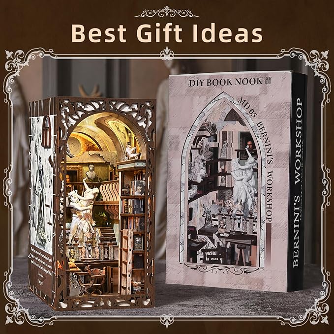 DIY Book Nook Library Kit Miniature Dollhouse Booknook Kit 3D Wooden Puzzle Bookend Bookshelf with LED Light for Teens and Adults (Bernini's Sculpture Workshop)