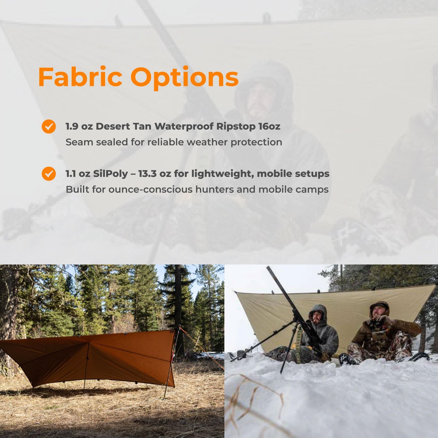 VIAM Outdoors Switchback Tan Tarp: Waterproof Camping Tarp for Hunting, Glassing, Hammock Rain Fly, Ultralight Backpacking Gear Sun Shelter & Heavy Duty Outdoor Protection - 1.1oz
