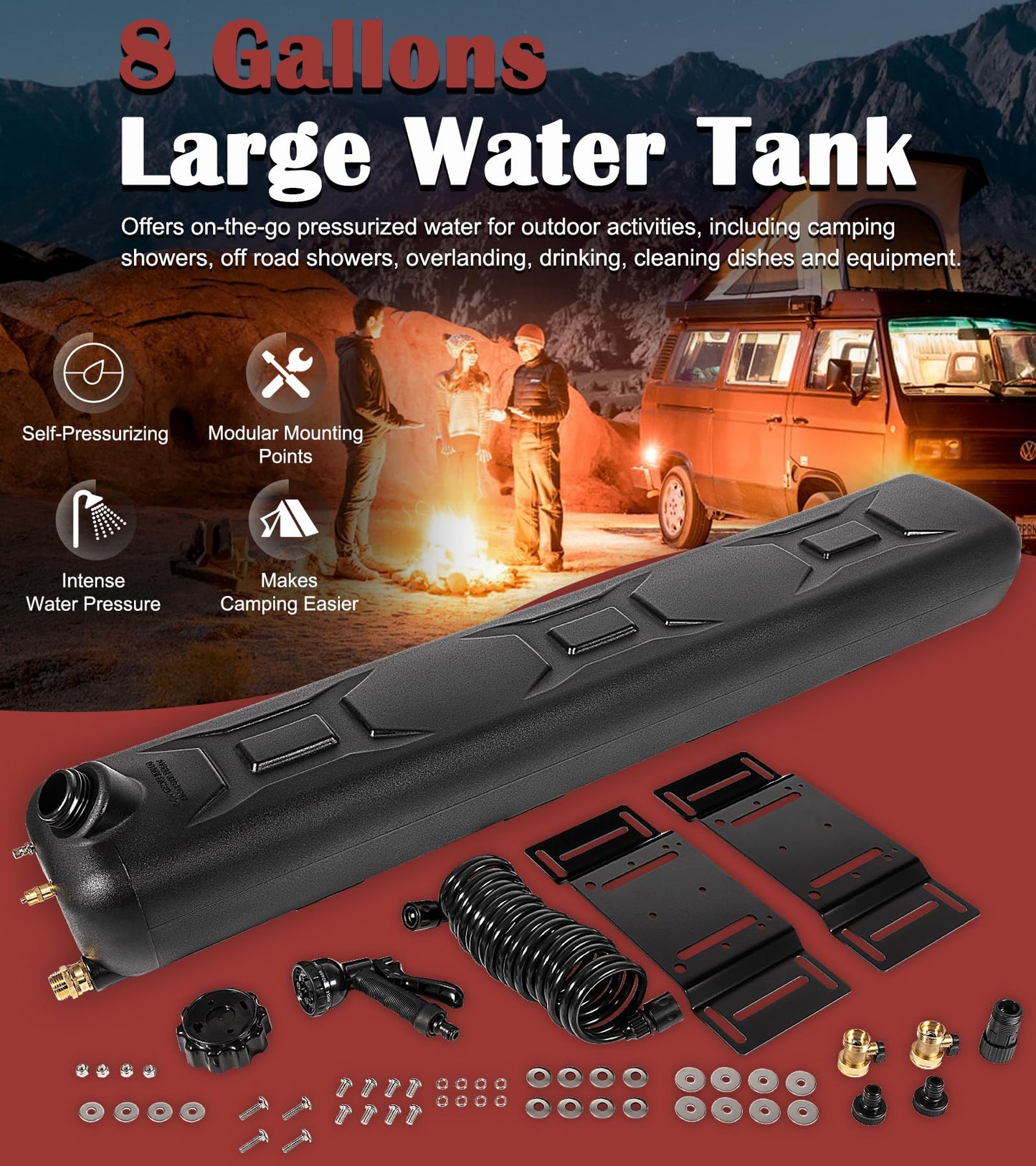Portable 8-Gallon Pressurized Water Tank for Camping Showers, Roof-Rack Shower, Overlanding, Water Storage & Outdoor Activities Water Supply - Roof Rack Mount for Trucks & Off Road Vehicles