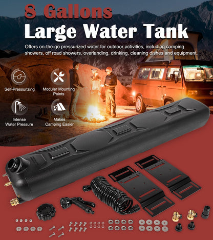Portable 8-Gallon Pressurized Water Tank for Camping Showers, Roof-Rack Shower, Overlanding, Water Storage & Outdoor Activities Water Supply - Roof Rack Mount for Trucks & Off Road Vehicles