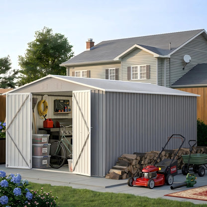 KEIKI 10x12 FT Metal Storage Shed with Reinforced Floor Frame, Outdoor Garden Tool Shed with Lockable Double Doors, Ventilated Galvanized Steel Utility Storage House for Backyard Patio Lawn Equipment