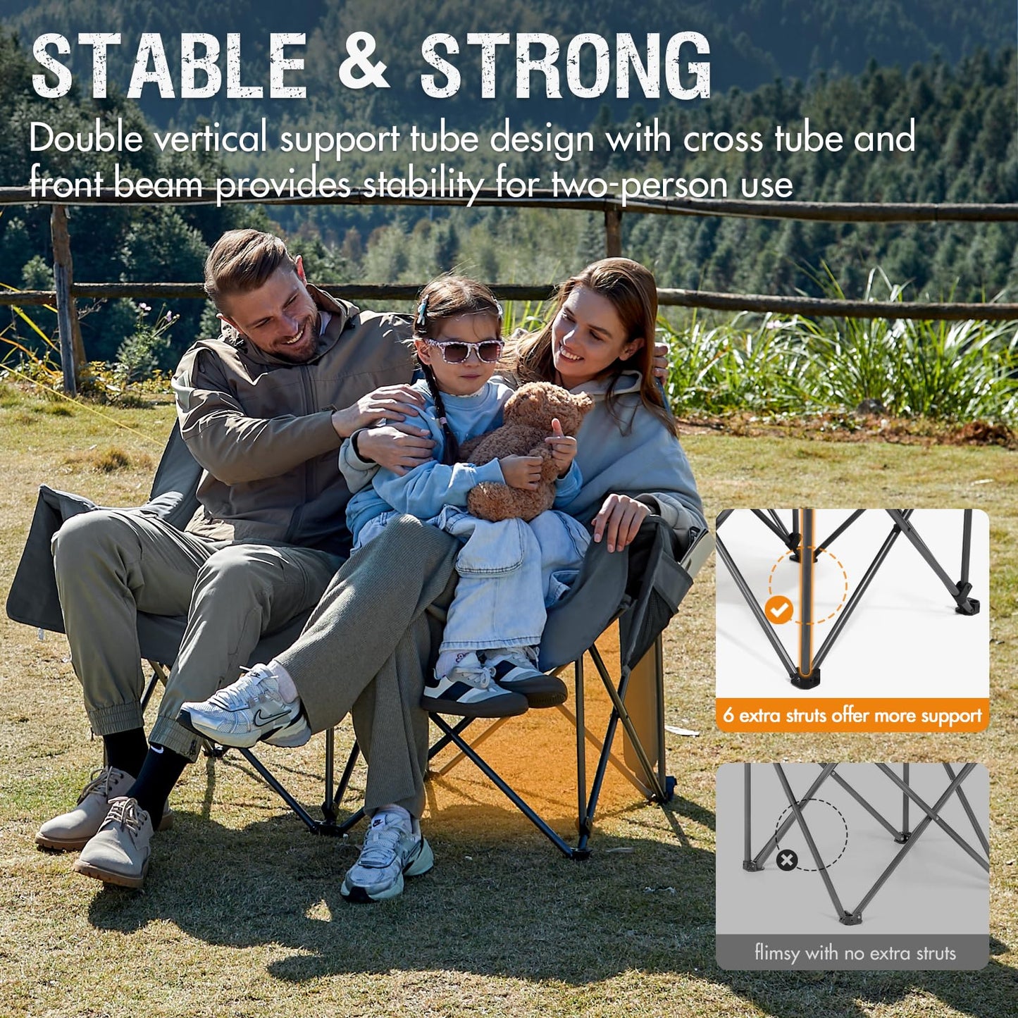 Portal Double Camping Chair, 2 Person Folding Loveseat for Adults, Padded Cushion Camp Lawn Love Seat with Side Pocket Portable Couch, Two Person Heavy Duty Wide Chairs with Cup Holder, 600 lbs