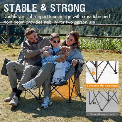 Portal Double Camping Chair, 2 Person Folding Loveseat for Adults, Padded Cushion Camp Lawn Love Seat with Side Pocket Portable Couch, Two Person Heavy Duty Wide Chairs with Cup Holder, 600 lbs