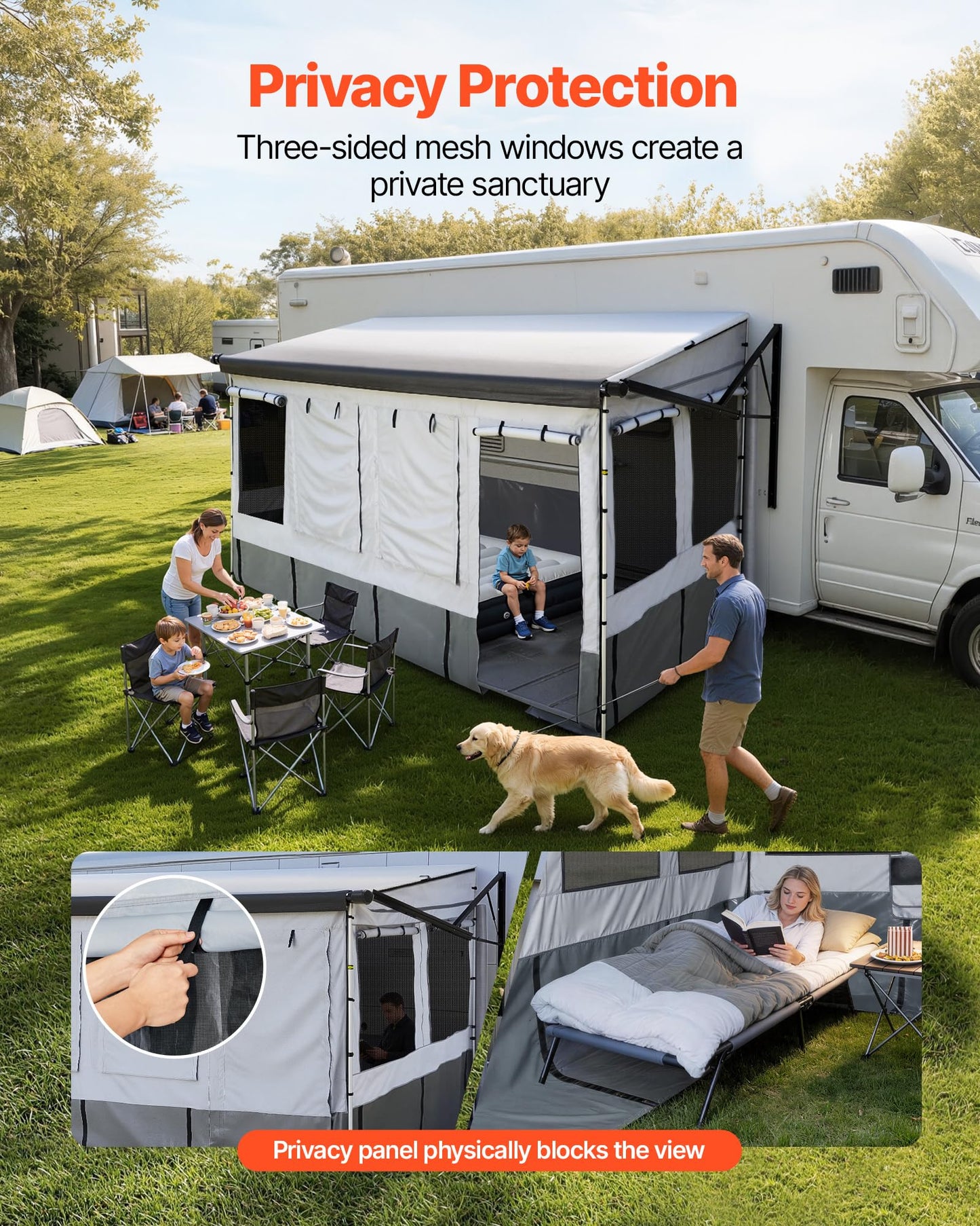 VEVOR RV Awning Sun Shade Room - Compatible with 16-17 ft Awnings, RV Awning Sun Shading Room with Door & Ventilated Mesh Windows, Sunproof & Windproof Three-Sided Enclosure Tent for RV Camping