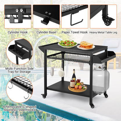 GAOMON 3-Shelf Outdoor Grill Table with Mesh Shelf, Rolling Grill Cart with Wheels, Pizza Oven & Food Prep Table, Blackstone Griddle Stand with Propane Tank Hook for Outside BBQ