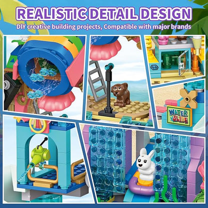 1150Pcs Friends Water Park Building Set STEM Summer Fun Party Toy with Swimming Pool SlidesWater CanonsDiving PlatformAnimal Pretend Play Kit for kids Birthday Gifts for Girls Ages 6-12+