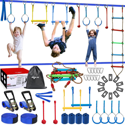 Ninja Warrior Obstacle Course for Kids,2×56ft Slackline Kit with 10 Ninja Accessories - Monkey Bar,Rope Ladder,Gymnastic Ring,Arm Trainer and Monkey Fist+Fast-Setup Buckles,Supports 880 lbs