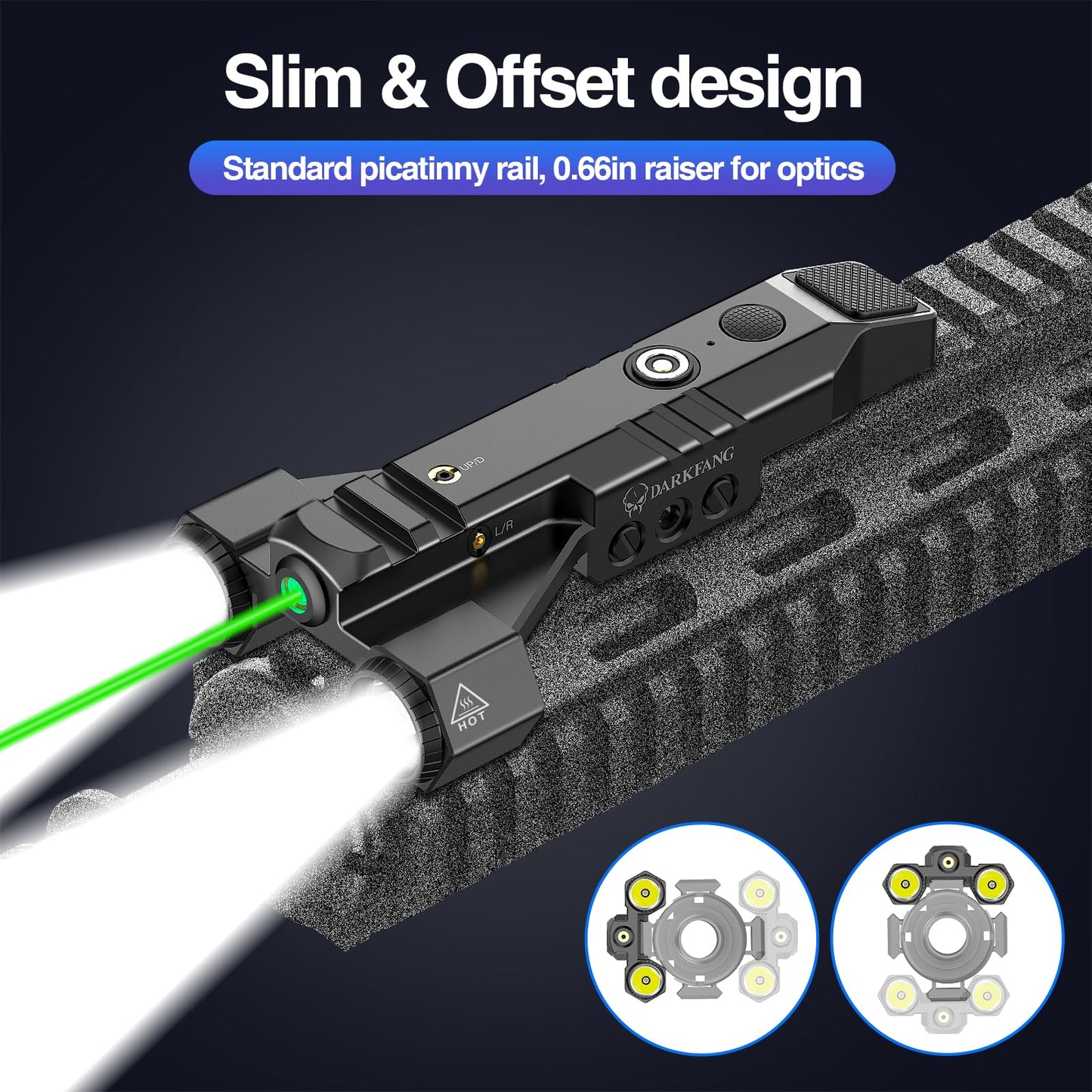 DARKFANG 1450 Lumen Tactical Flashlight with Green Laser Beam Combo, Low Profile Design Rechargeable Weapon Light for Picatinny Rail