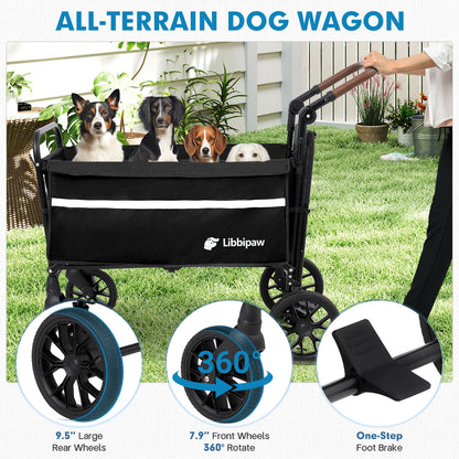 Libbipaw Dog Wagon for Medium & Large Dogs, Foldable All-Terrain Dog Stroller Wagon with Ramp, Adjustable Handle, One-Step Brake, Heavy Duty Pet Wagon (Black)
