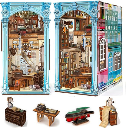 Book Nook Kit DIY Miniature Dollhouse Booknook Kit 3D Wooden Puzzle Bookend Bookshelf Insert Decor with LED Light for Teens and Adults(Hemingway House)