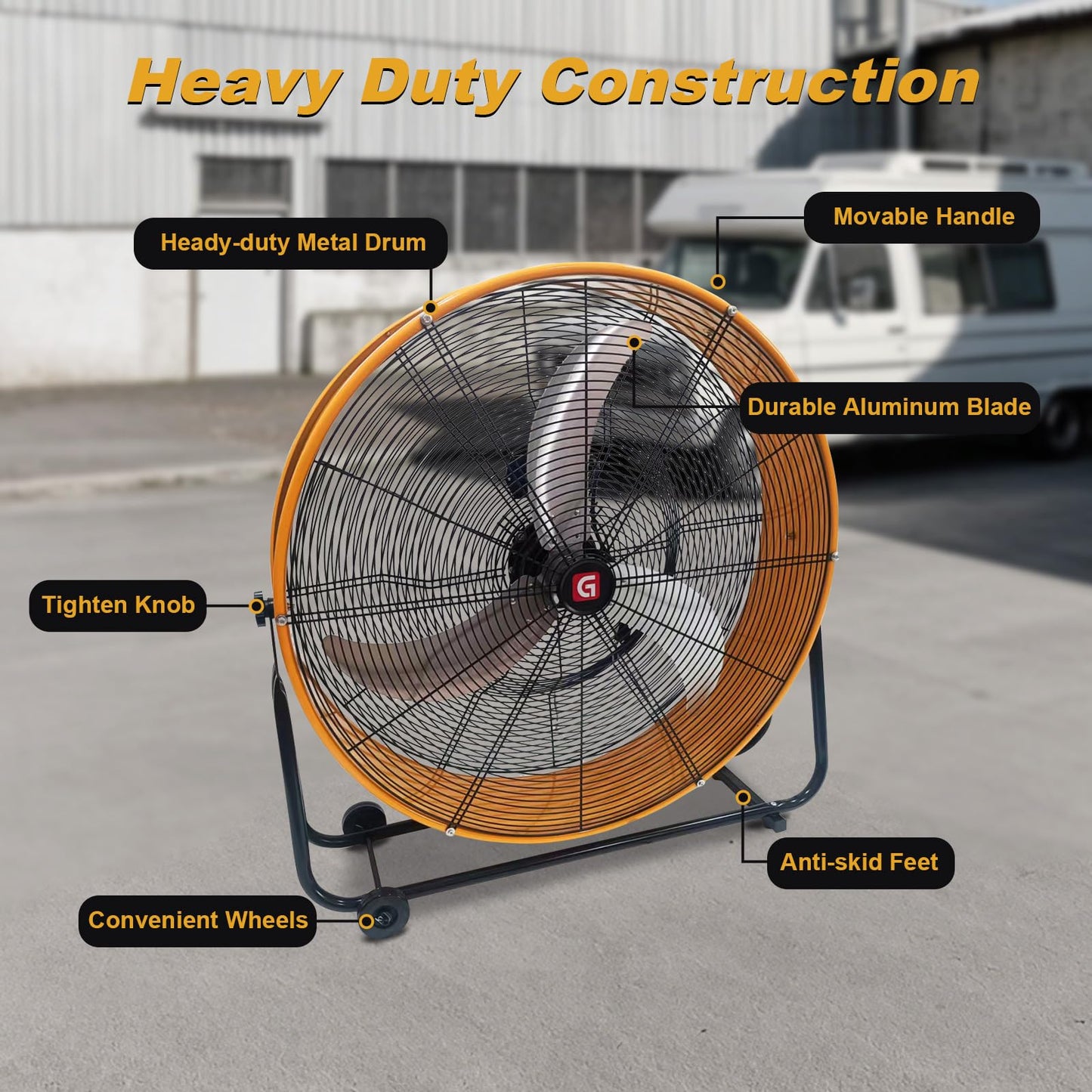 GarveeTech 24 in Industrial High Velocity Drum Fan, 8800 CFM High Velocity Floor Fan With 3-Speed Control, 360° Tilt Portable Air Circulator for Warehouse, Garage, Basement