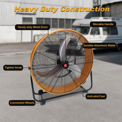 GarveeTech 24 in Industrial High Velocity Drum Fan, 8800 CFM High Velocity Floor Fan With 3-Speed Control, 360° Tilt Portable Air Circulator for Warehouse, Garage, Basement