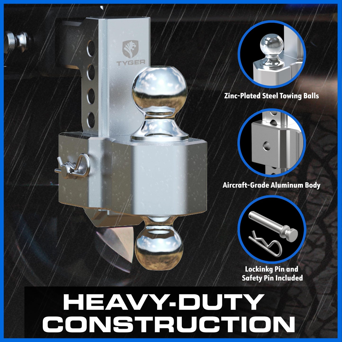 Tyger Auto Adjustable Drop Hitch Dual-Ball Mount with 2" and 2-5/16" Towing Balls | Fits 2" Receivers | 12500 lbs GTW | Aluminum | Trailers Boats ATVs RVs | TG-DB6U12047