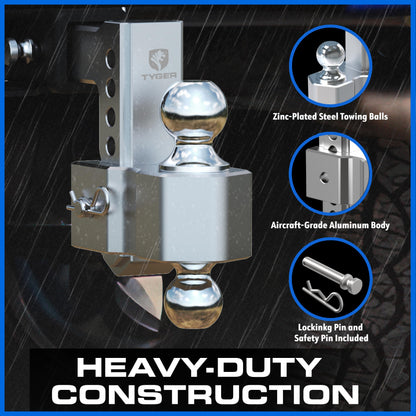 Tyger Auto Adjustable Drop Hitch Dual-Ball Mount with 2" and 2-5/16" Towing Balls | Fits 2" Receivers | 12500 lbs GTW | Aluminum | Trailers Boats ATVs RVs | TG-DB6U12047