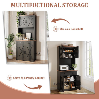 GarveeLife 71" Pantry Cabinet with Charging Station, Tall Kitchen Pantry Storage Cabinet with Microwave Stand, Large Farmhouse Kitchen Hutch with Cabinet Doors & Drawer for Living Room, Dining Room