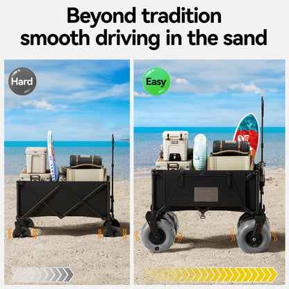 DXZ Beach Wagon Cart with Big Wheels for Sand – Folding Collapsible Wagon, Heavy Duty Wagons Carts Foldable for Beach, Camping, Outdoor Gear, Easy Setup Black Grey