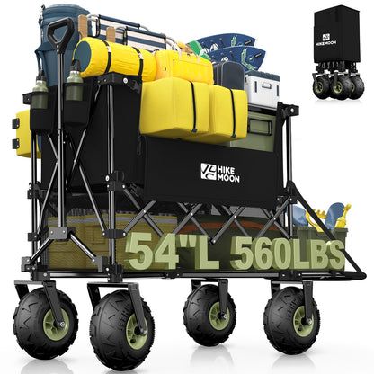 Hikemoon Double Decker Beach Wagon with 10" Big Balloon Wheels for Sand, 54'' Extra Long 560LBS Heavy Duty Wagons Carts Foldable, 400L Large All-Terrain Collapsible Folding Cart for Outdoors, Black